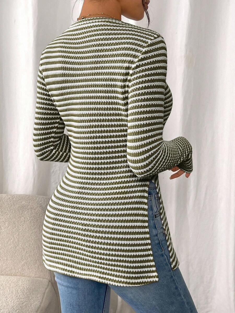 SHEIN Frenchy Women Casual Striped Long Sleeve T-Shirt With Slit Hem,Tight Turtleneck, Textured Fabric ,Commute,Minimalist,Office,Old Money,Simple,Autumn/Winter,