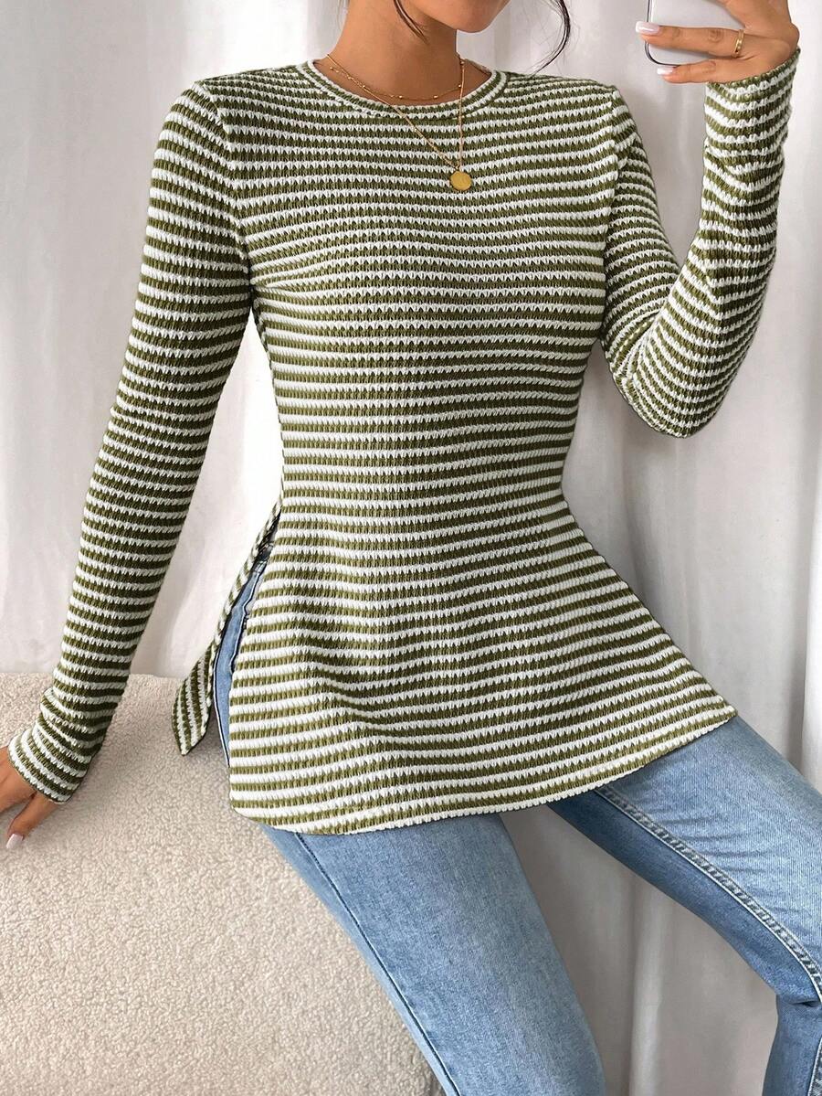 SHEIN Frenchy Women Casual Striped Long Sleeve T-Shirt With Slit Hem,Tight Turtleneck, Textured Fabric ,Commute,Minimalist,Office,Old Money,Simple,Autumn/Winter,