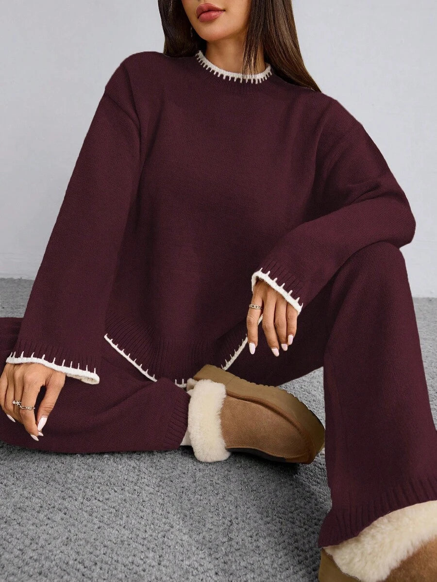 Flirla 2pcs Women Colorblock Rib-Trim Round Neck Long Sleeve Sweater And Pants Set Fall Winter Cloth For Women