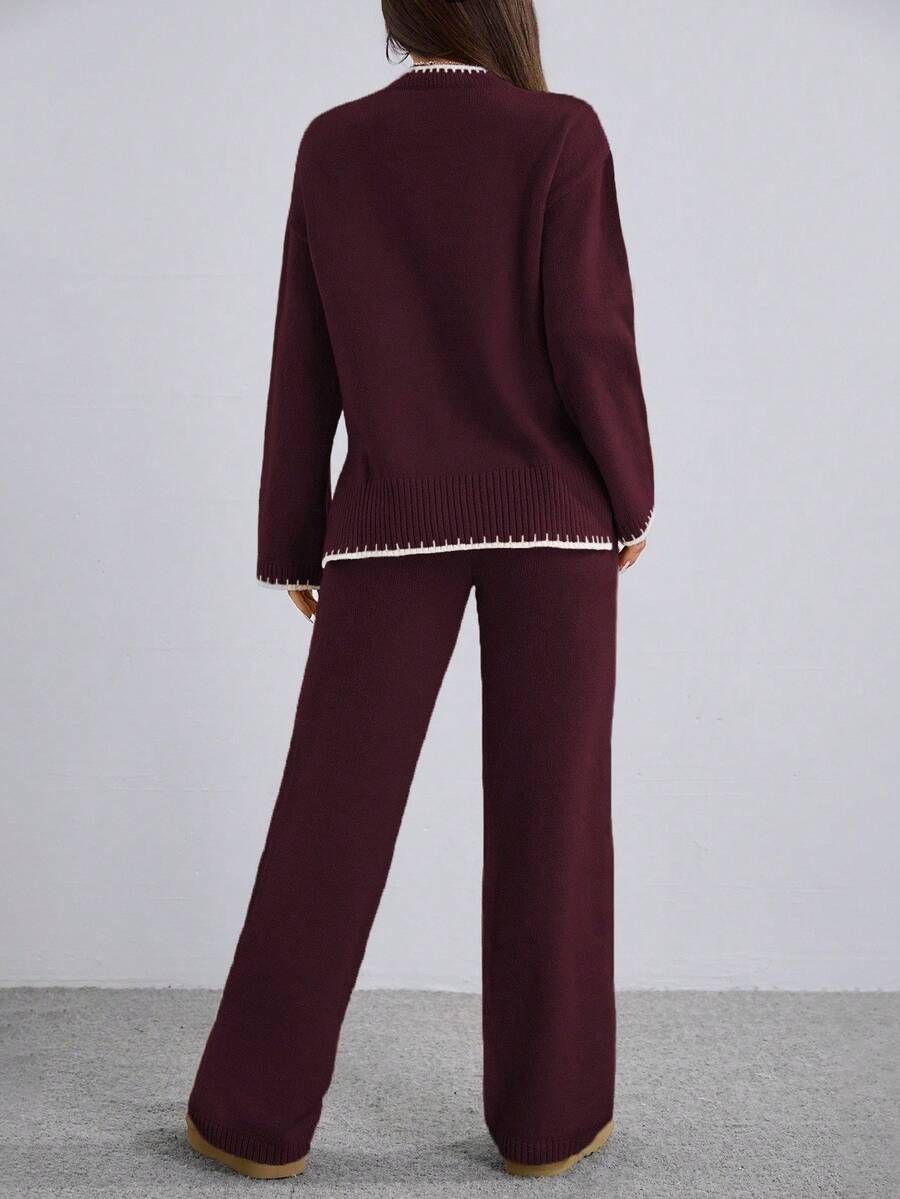 Flirla 2pcs Women Colorblock Rib-Trim Round Neck Long Sleeve Sweater And Pants Set Fall Winter Cloth For Women