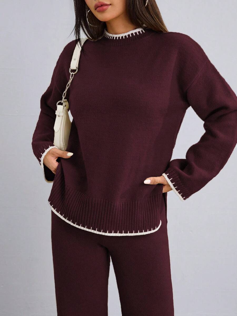 Flirla 2pcs Women Colorblock Rib-Trim Round Neck Long Sleeve Sweater And Pants Set Fall Winter Cloth For Women