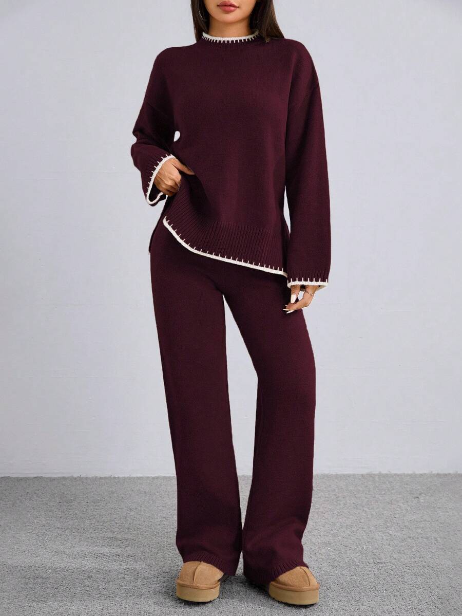 Flirla 2pcs Women Colorblock Rib-Trim Round Neck Long Sleeve Sweater And Pants Set Fall Winter Cloth For Women