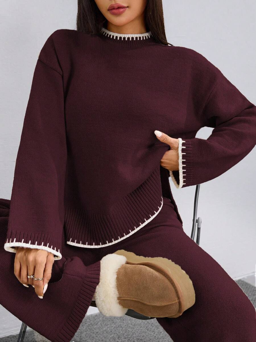Flirla 2pcs Women Colorblock Rib-Trim Round Neck Long Sleeve Sweater And Pants Set Fall Winter Cloth For Women