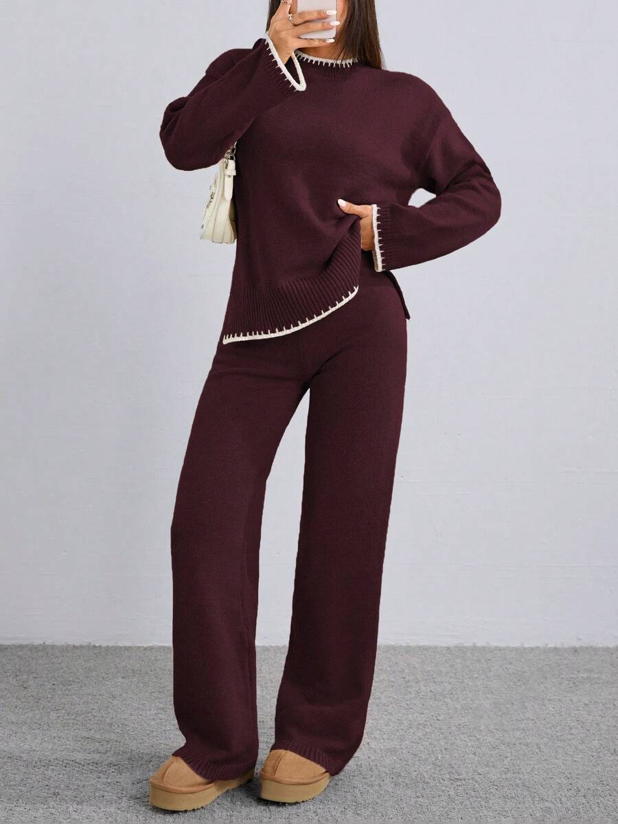 Flirla 2pcs Women Colorblock Rib-Trim Round Neck Long Sleeve Sweater And Pants Set Fall Winter Cloth For Women