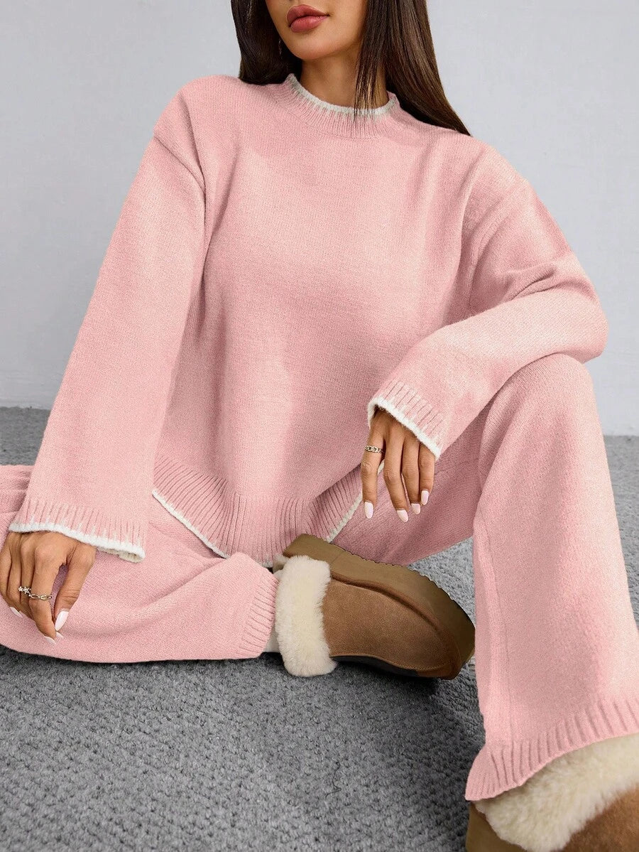 Flirla 2pcs Women Colorblock Rib-Trim Round Neck Long Sleeve Sweater And Pants Set Fall Winter Cloth For Women