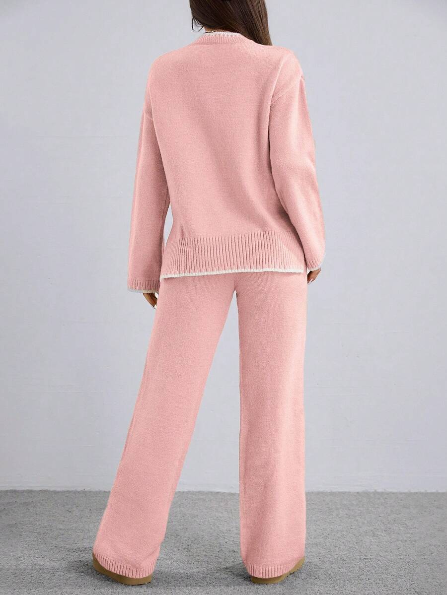 Flirla 2pcs Women Colorblock Rib-Trim Round Neck Long Sleeve Sweater And Pants Set Fall Winter Cloth For Women