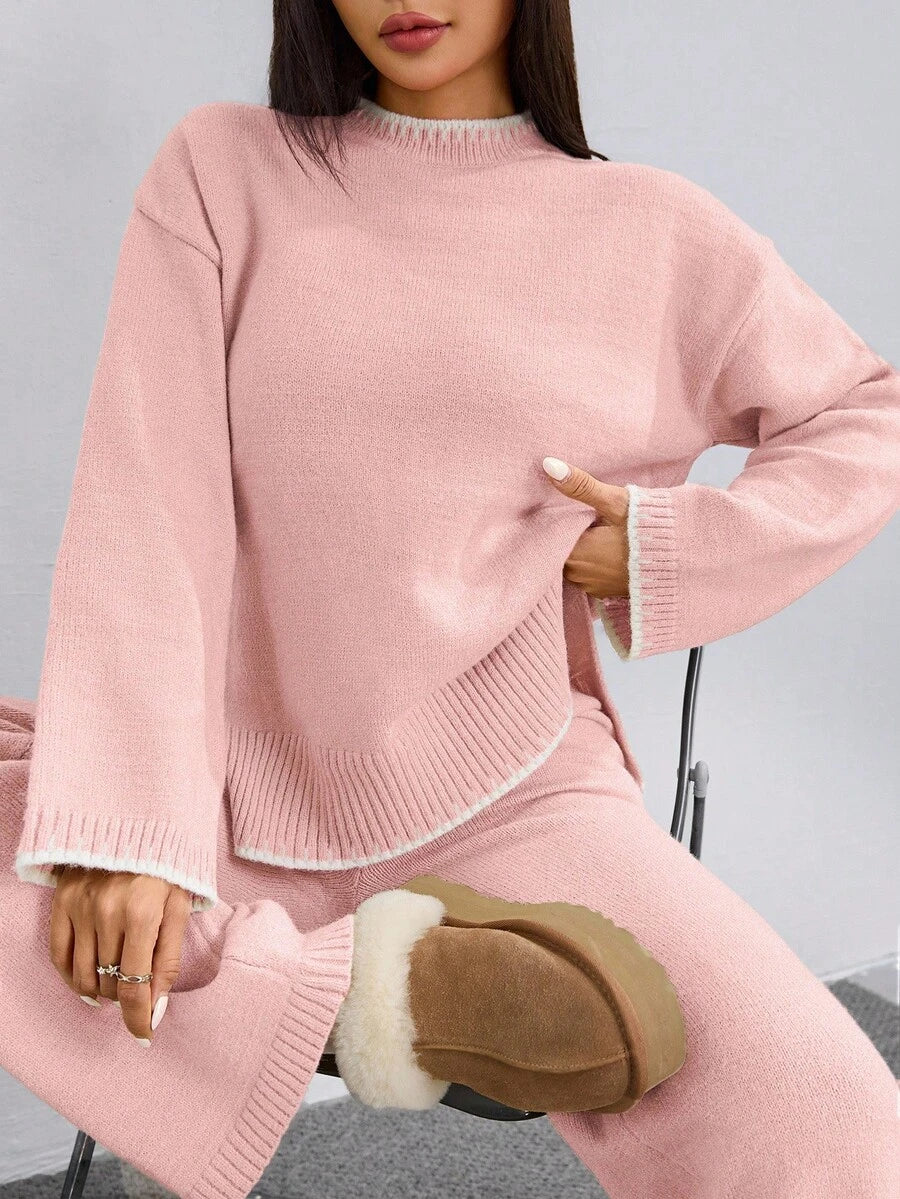 Flirla 2pcs Women Colorblock Rib-Trim Round Neck Long Sleeve Sweater And Pants Set Fall Winter Cloth For Women