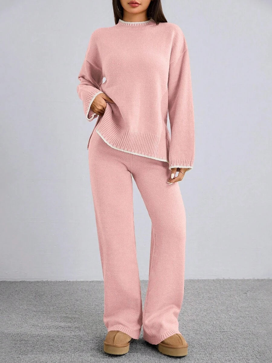 Flirla 2pcs Women Colorblock Rib-Trim Round Neck Long Sleeve Sweater And Pants Set Fall Winter Cloth For Women