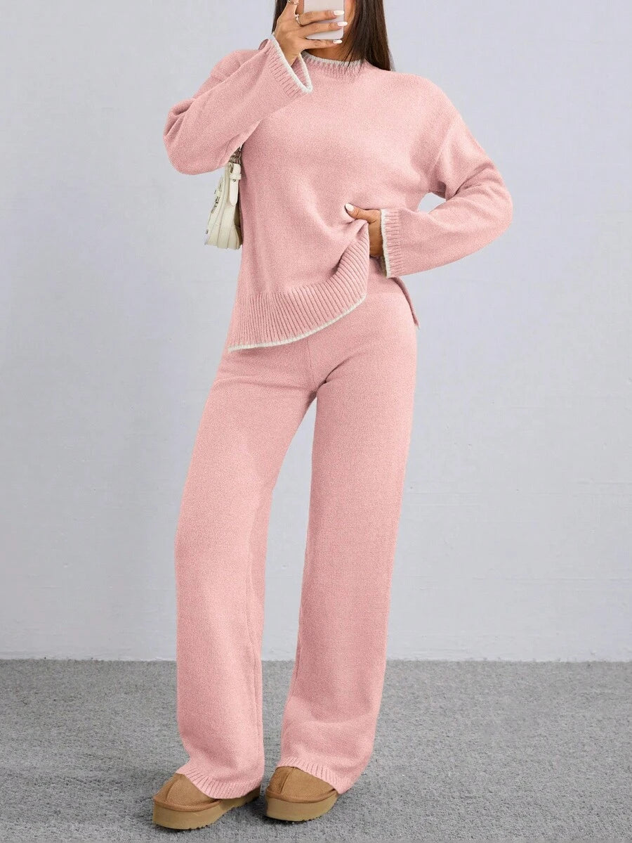 Flirla 2pcs Women Colorblock Rib-Trim Round Neck Long Sleeve Sweater And Pants Set Fall Winter Cloth For Women