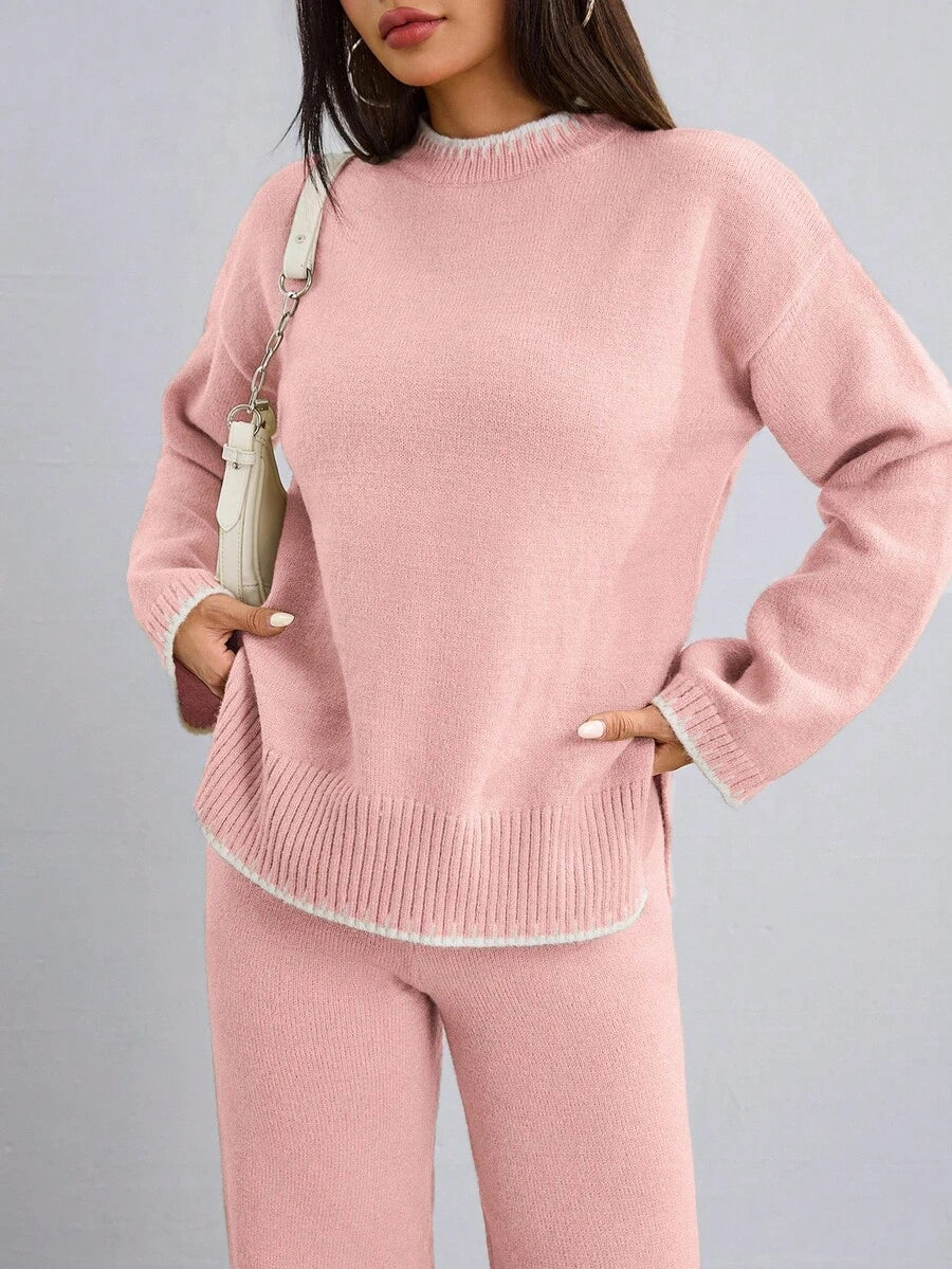 Flirla 2pcs Women Colorblock Rib-Trim Round Neck Long Sleeve Sweater And Pants Set Fall Winter Cloth For Women