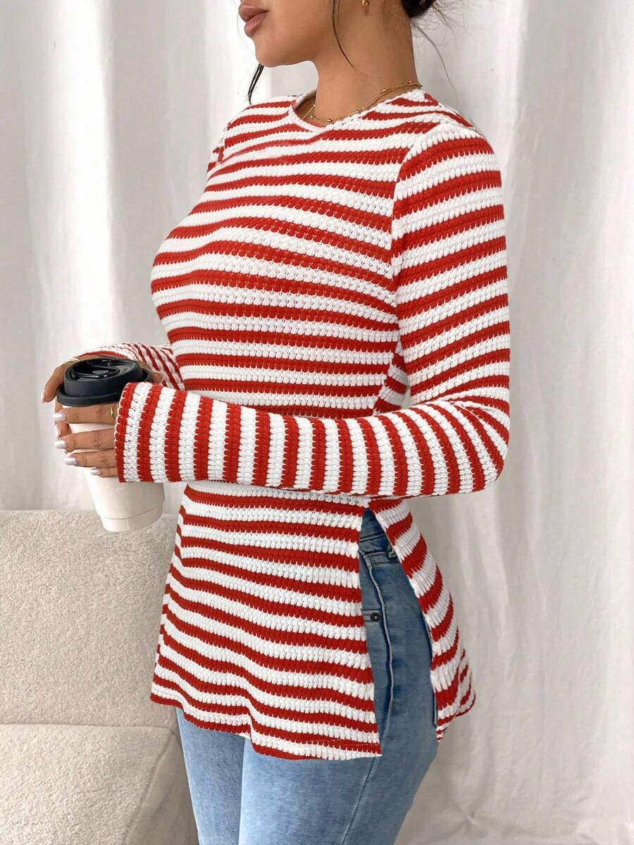 SHEIN Frenchy Women Casual Striped Long Sleeve T-Shirt With Slit Hem,Tight Turtleneck, Textured Fabric ,Commute,Minimalist,Office,Old Money,Simple,Autumn/Winter,