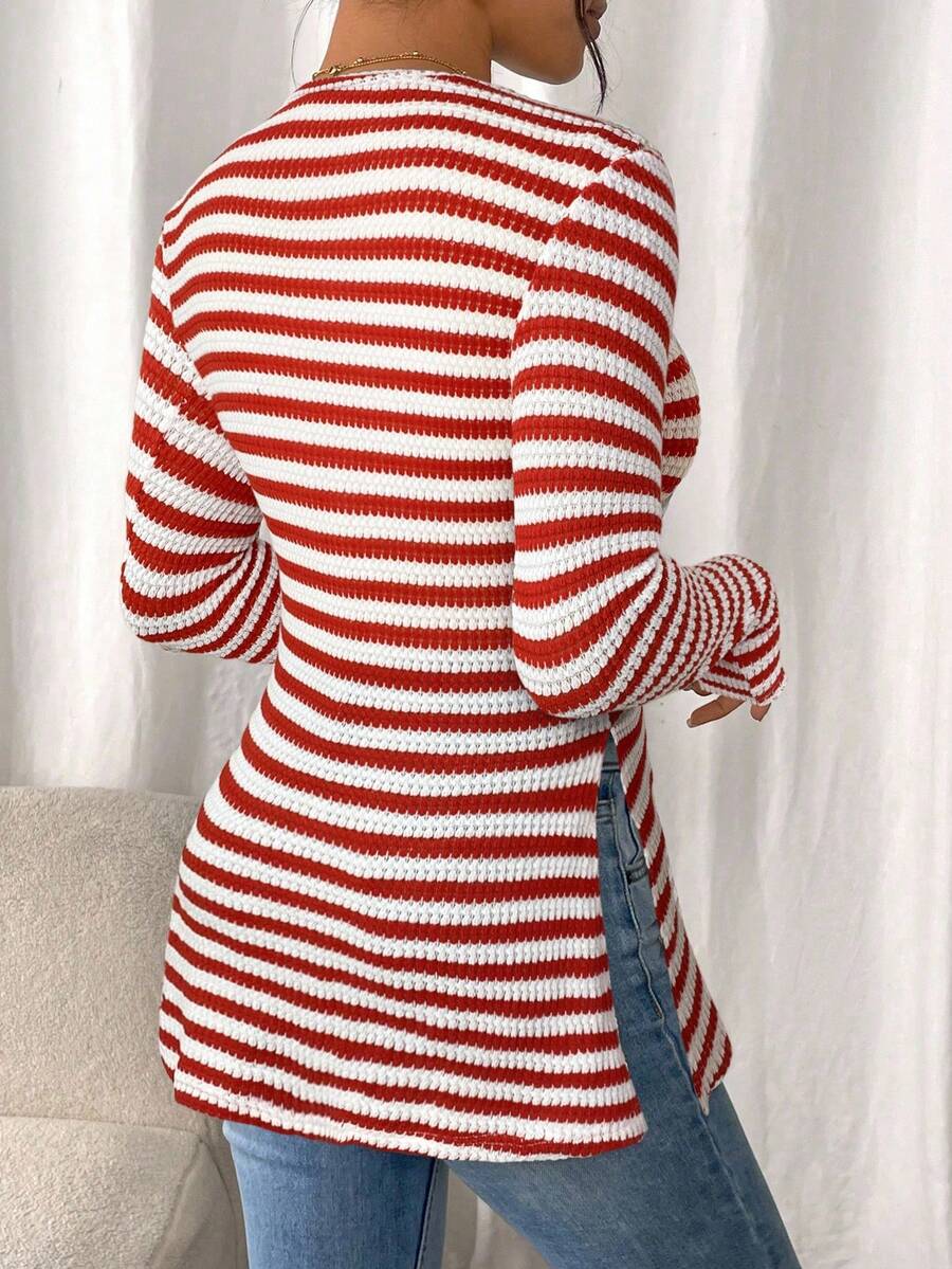 SHEIN Frenchy Women Casual Striped Long Sleeve T-Shirt With Slit Hem,Tight Turtleneck, Textured Fabric ,Commute,Minimalist,Office,Old Money,Simple,Autumn/Winter,