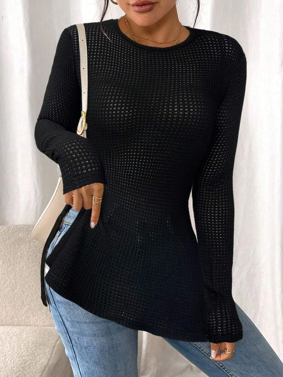 SHEIN Frenchy Women Casual Striped Long Sleeve T-Shirt With Slit Hem,Tight Turtleneck, Textured Fabric ,Commute,Minimalist,Office,Old Money,Simple,Autumn/Winter,
