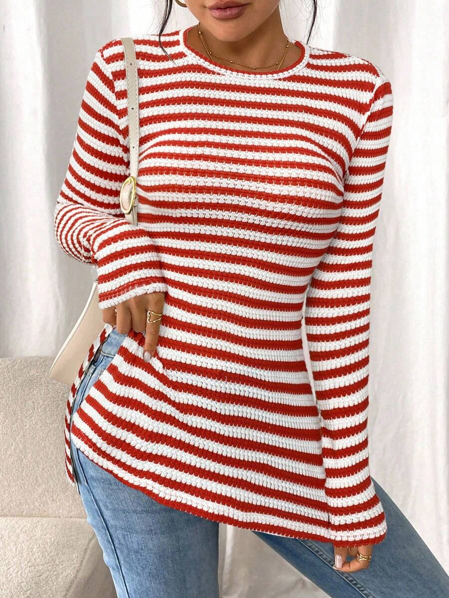 SHEIN Frenchy Women Casual Striped Long Sleeve T-Shirt With Slit Hem,Tight Turtleneck, Textured Fabric ,Commute,Minimalist,Office,Old Money,Simple,Autumn/Winter,