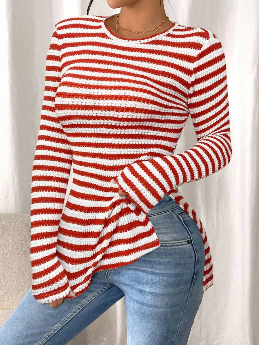 SHEIN Frenchy Women Casual Striped Long Sleeve T-Shirt With Slit Hem,Tight Turtleneck, Textured Fabric ,Commute,Minimalist,Office,Old Money,Simple,Autumn/Winter,