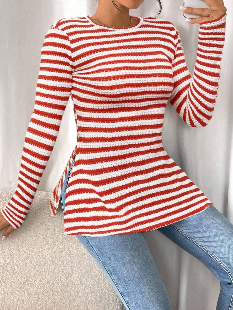 SHEIN Frenchy Women Casual Striped Long Sleeve T-Shirt With Slit Hem,Tight Turtleneck, Textured Fabric ,Commute,Minimalist,Office,Old Money,Simple,Autumn/Winter,