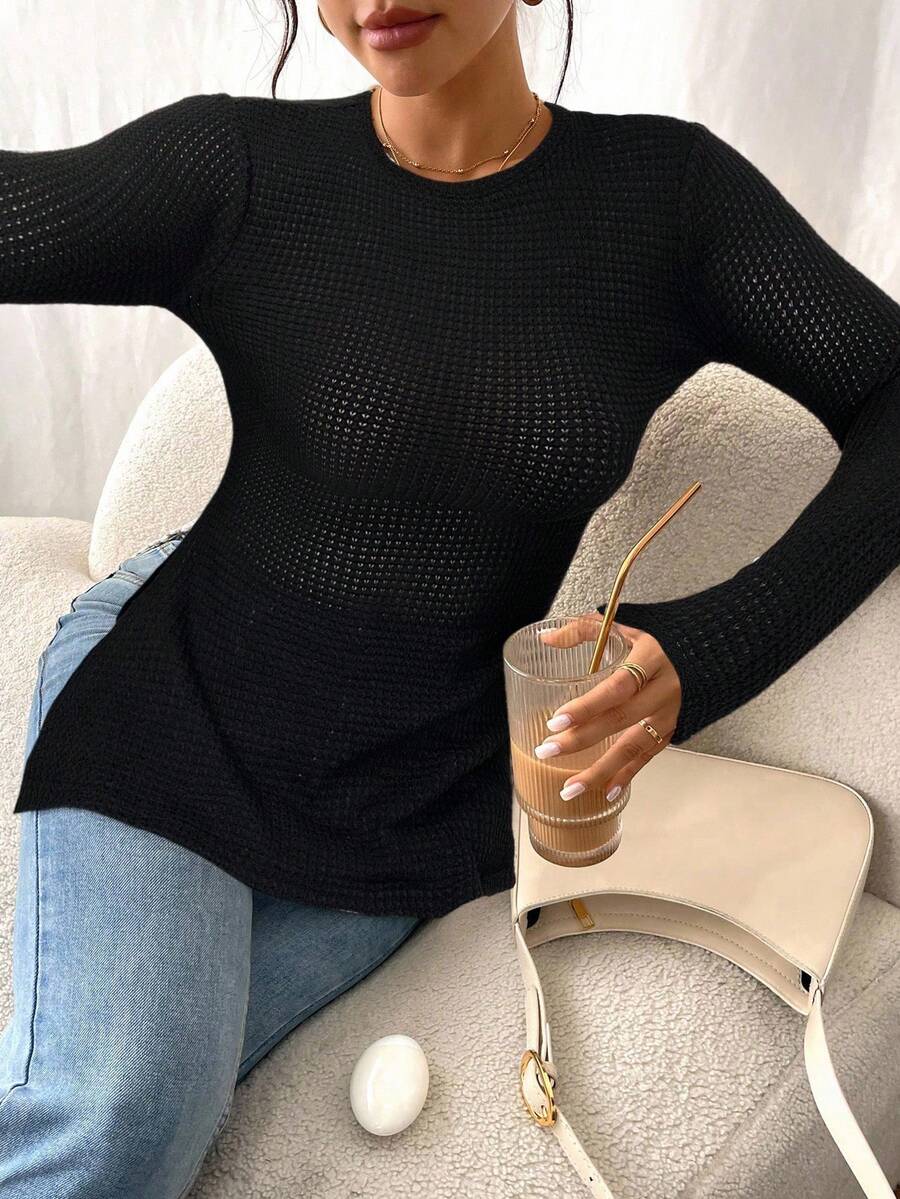 SHEIN Frenchy Women Casual Striped Long Sleeve T-Shirt With Slit Hem,Tight Turtleneck, Textured Fabric ,Commute,Minimalist,Office,Old Money,Simple,Autumn/Winter,