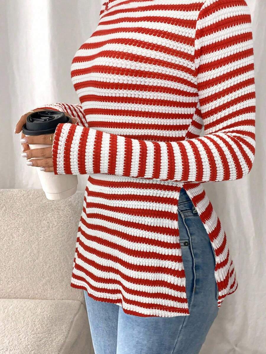 SHEIN Frenchy Women Casual Striped Long Sleeve T-Shirt With Slit Hem,Tight Turtleneck, Textured Fabric ,Commute,Minimalist,Office,Old Money,Simple,Autumn/Winter,