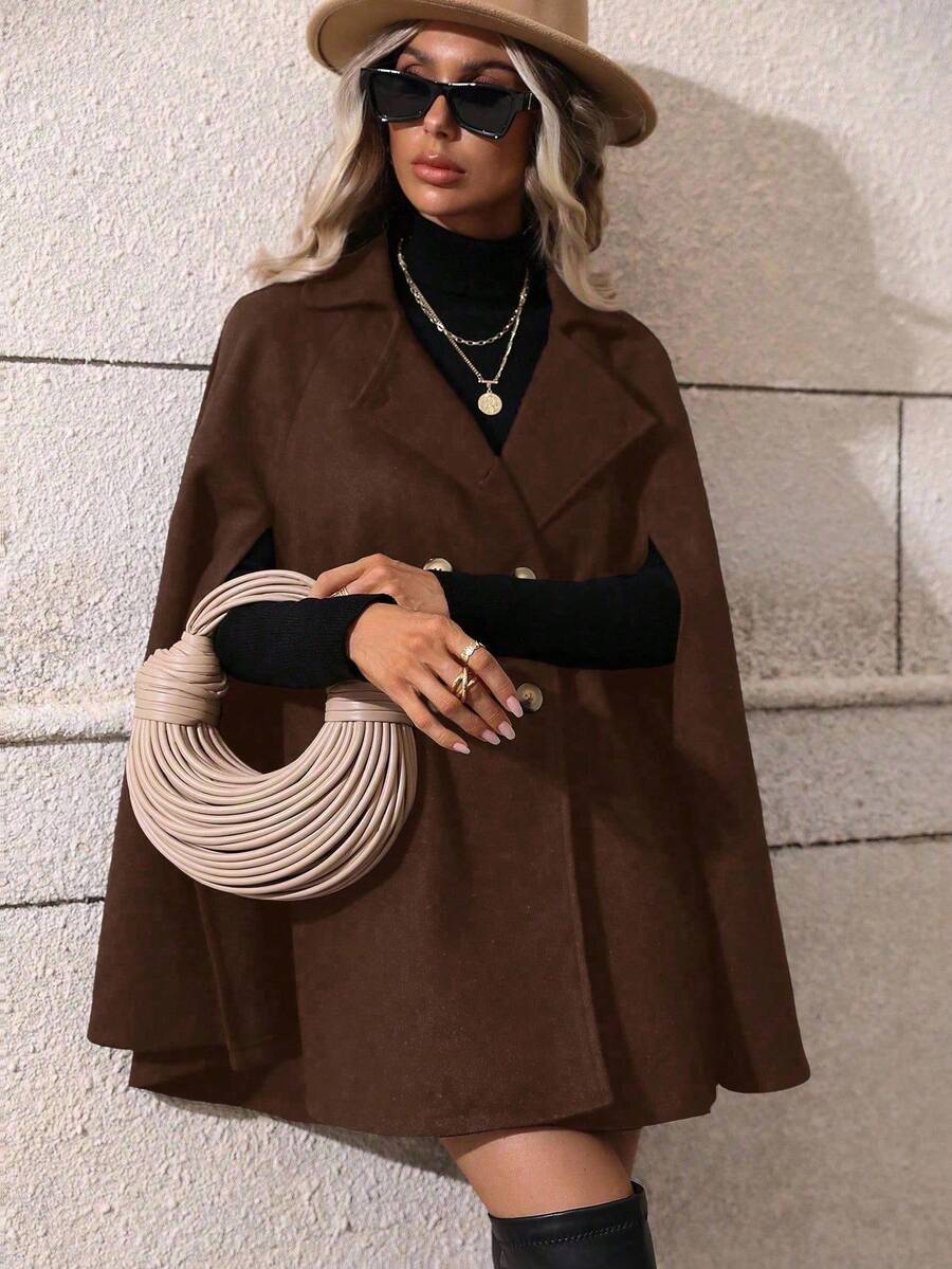 SHEIN Clasi Sobretudo feminino verde trespassado com manga de capa e comprimento médio da moda