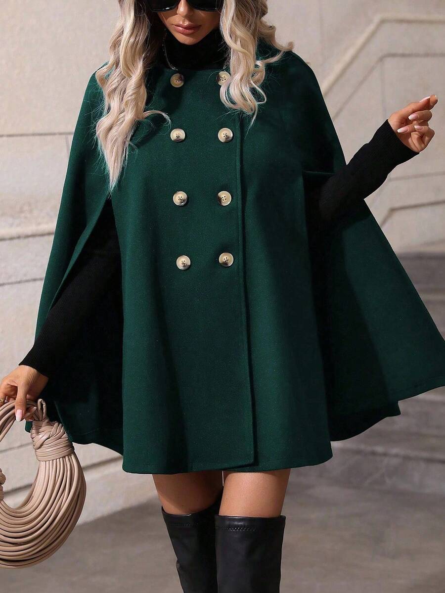 SHEIN Clasi Sobretudo feminino verde trespassado com manga de capa e comprimento médio da moda