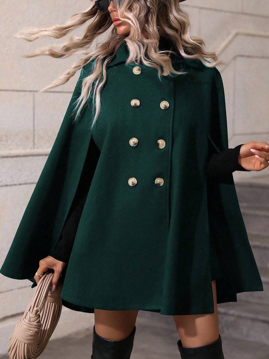 SHEIN Clasi Sobretudo feminino verde trespassado com manga de capa e comprimento médio da moda