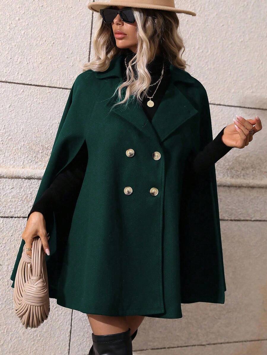 SHEIN Clasi Sobretudo feminino verde trespassado com manga de capa e comprimento médio da moda