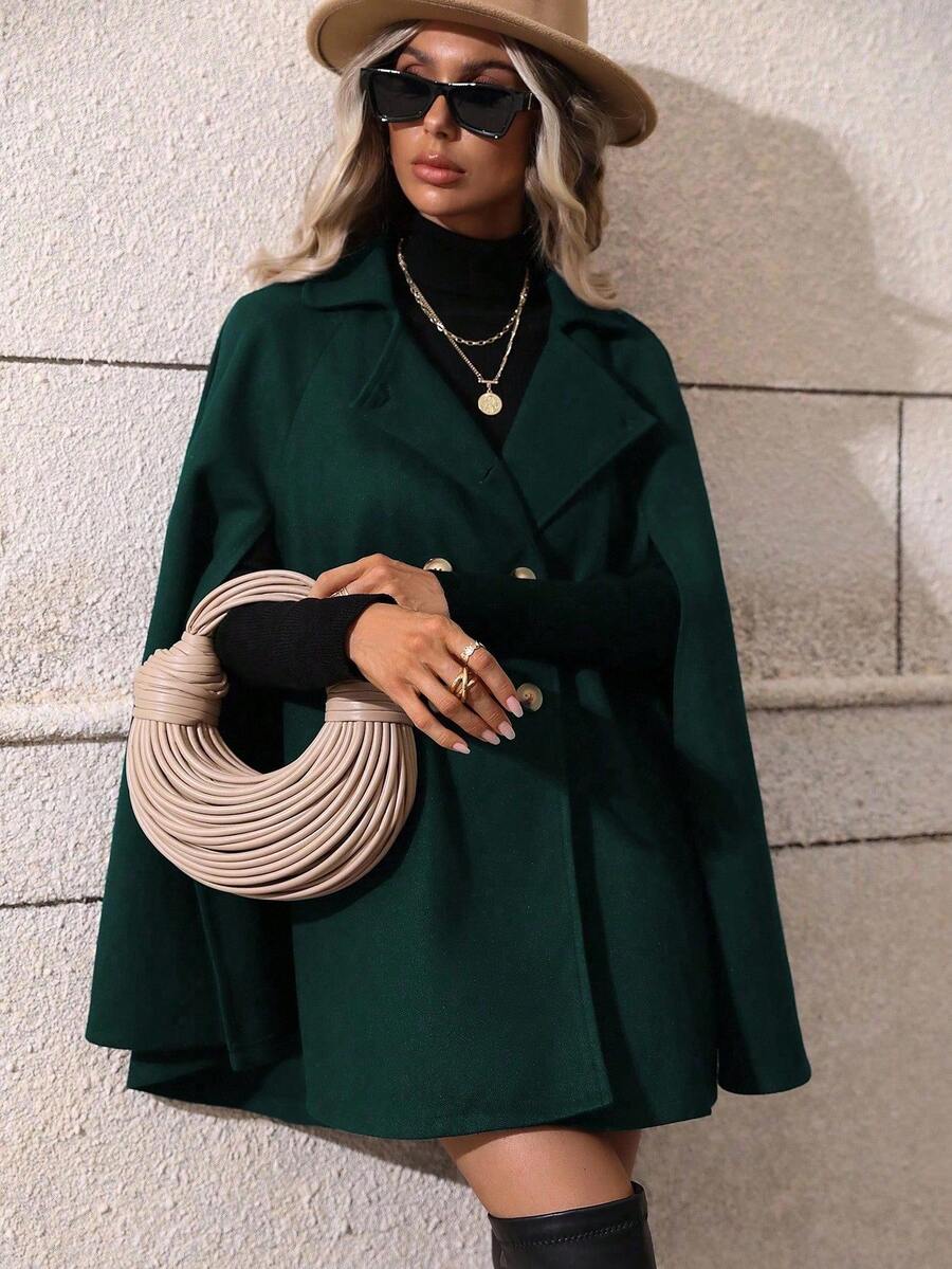 SHEIN Clasi Sobretudo feminino verde trespassado com manga de capa e comprimento médio da moda