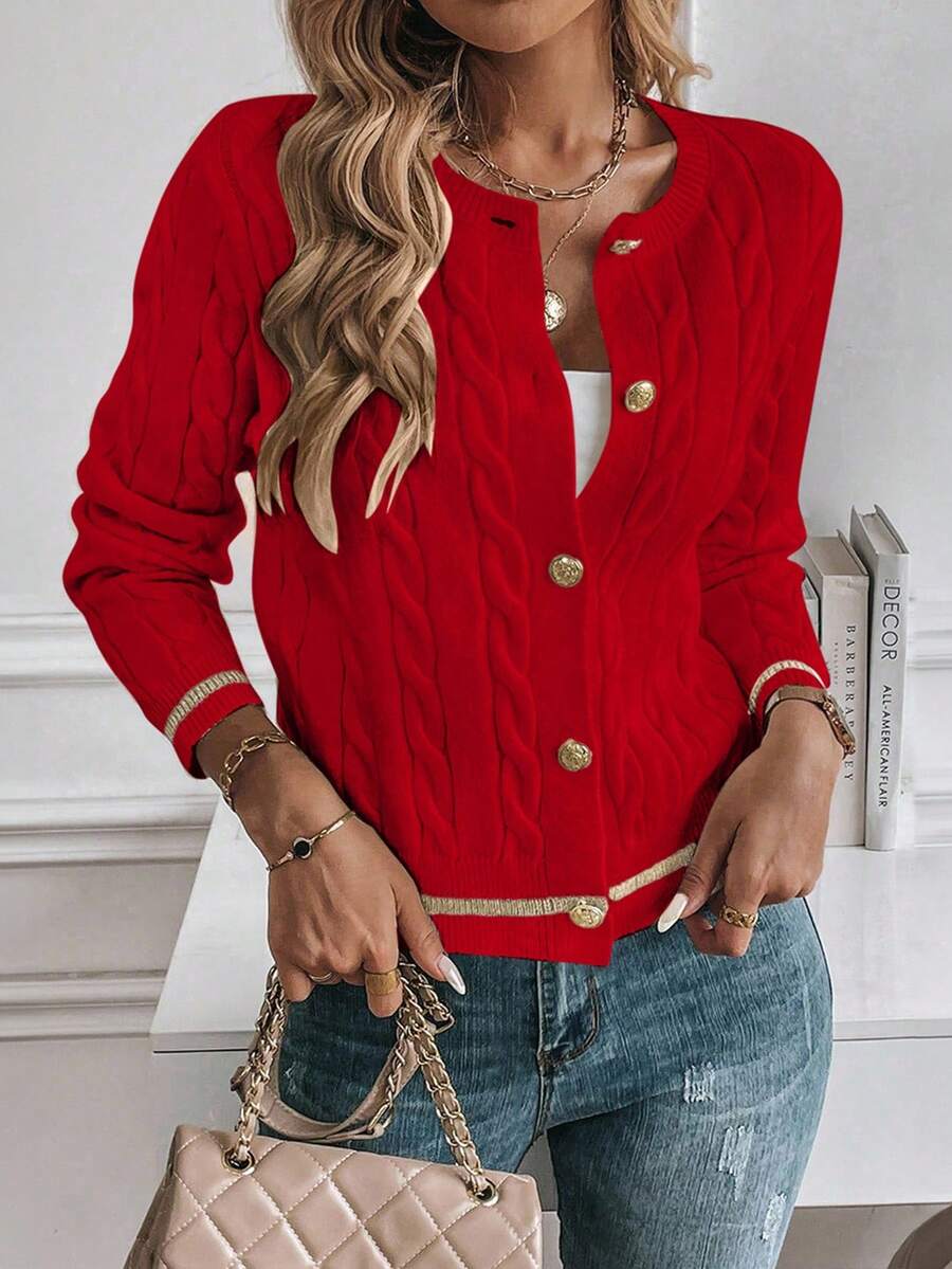 EMERY ROSE Cardigan feminino casual com acabamento contrastante e botões na frente, outono/inverno