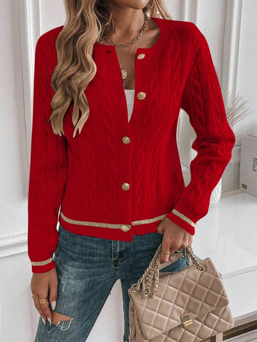 EMERY ROSE Cardigan feminino casual com acabamento contrastante e botões na frente, outono/inverno