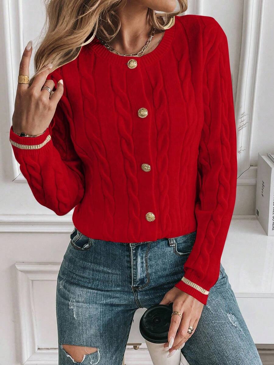 EMERY ROSE Cardigan feminino casual com acabamento contrastante e botões na frente, outono/inverno