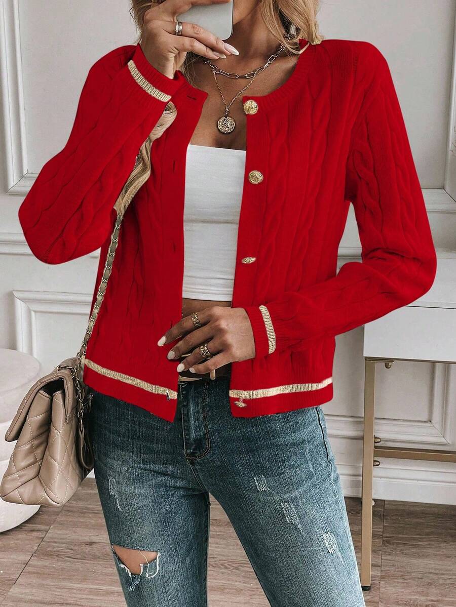 EMERY ROSE Cardigan feminino casual com acabamento contrastante e botões na frente, outono/inverno