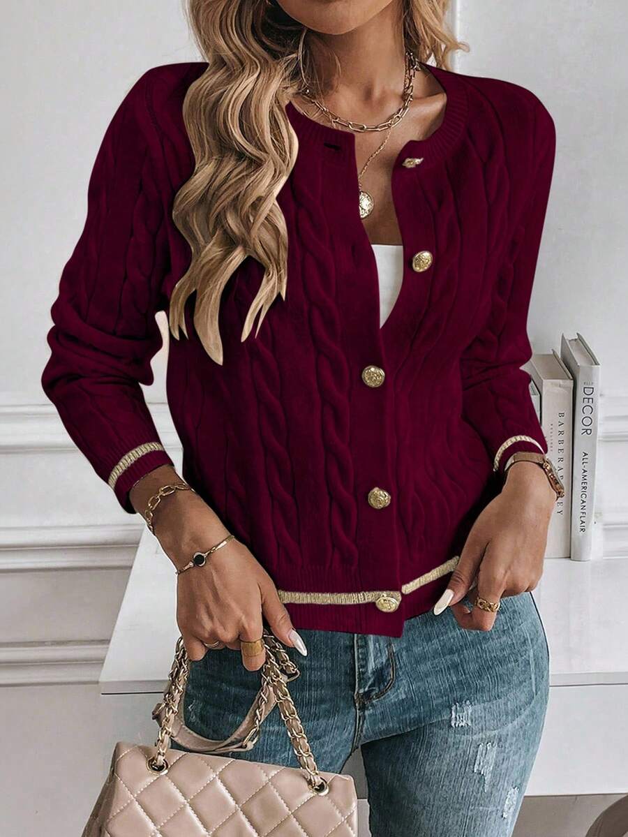 EMERY ROSE Cardigan feminino casual com acabamento contrastante e botões na frente, outono/inverno