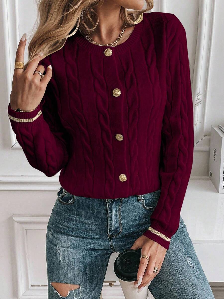 EMERY ROSE Cardigan feminino casual com acabamento contrastante e botões na frente, outono/inverno