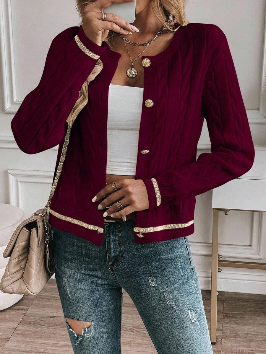 EMERY ROSE Cardigan feminino casual com acabamento contrastante e botões na frente, outono/inverno