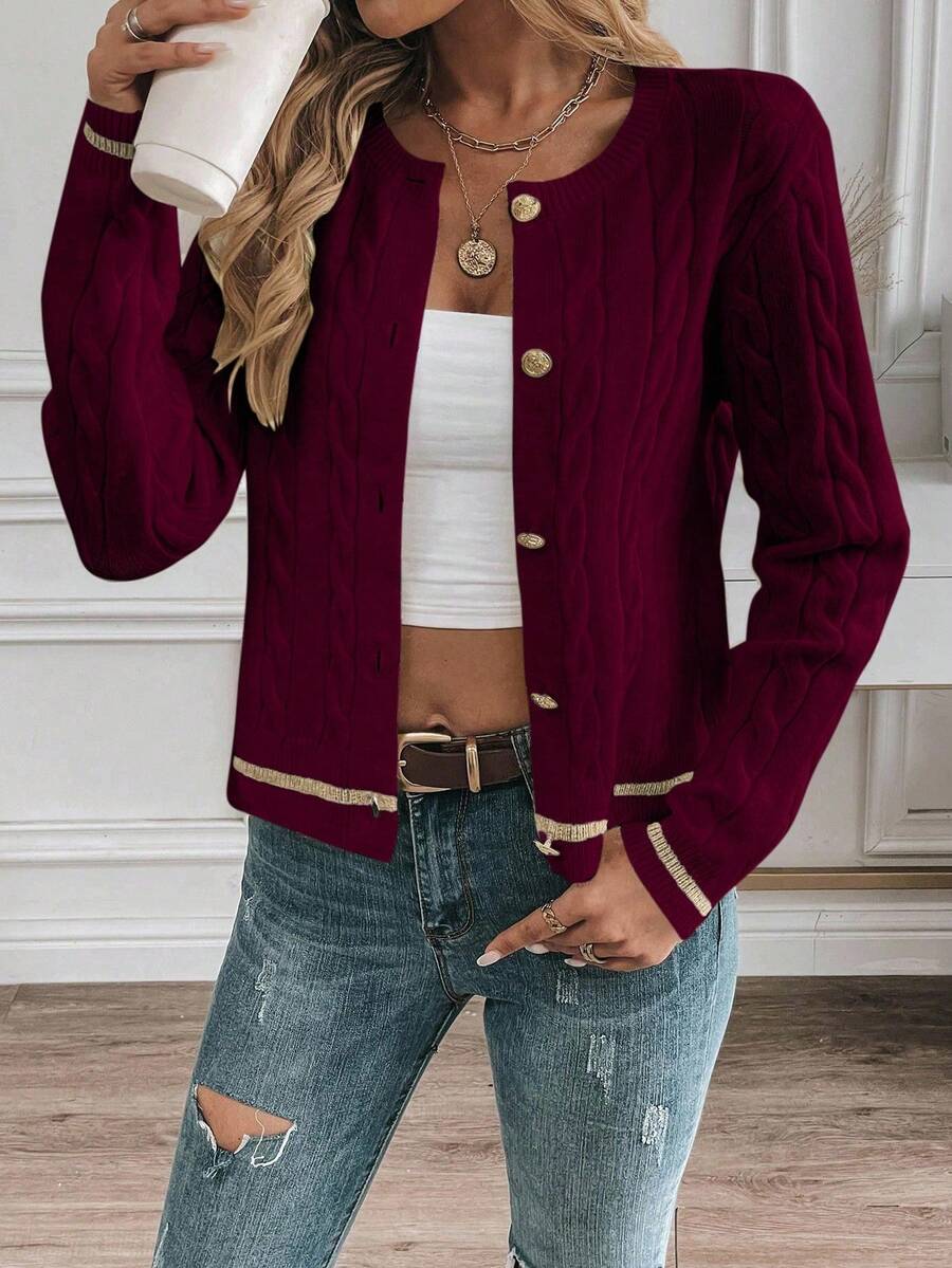 EMERY ROSE Cardigan feminino casual com acabamento contrastante e botões na frente, outono/inverno