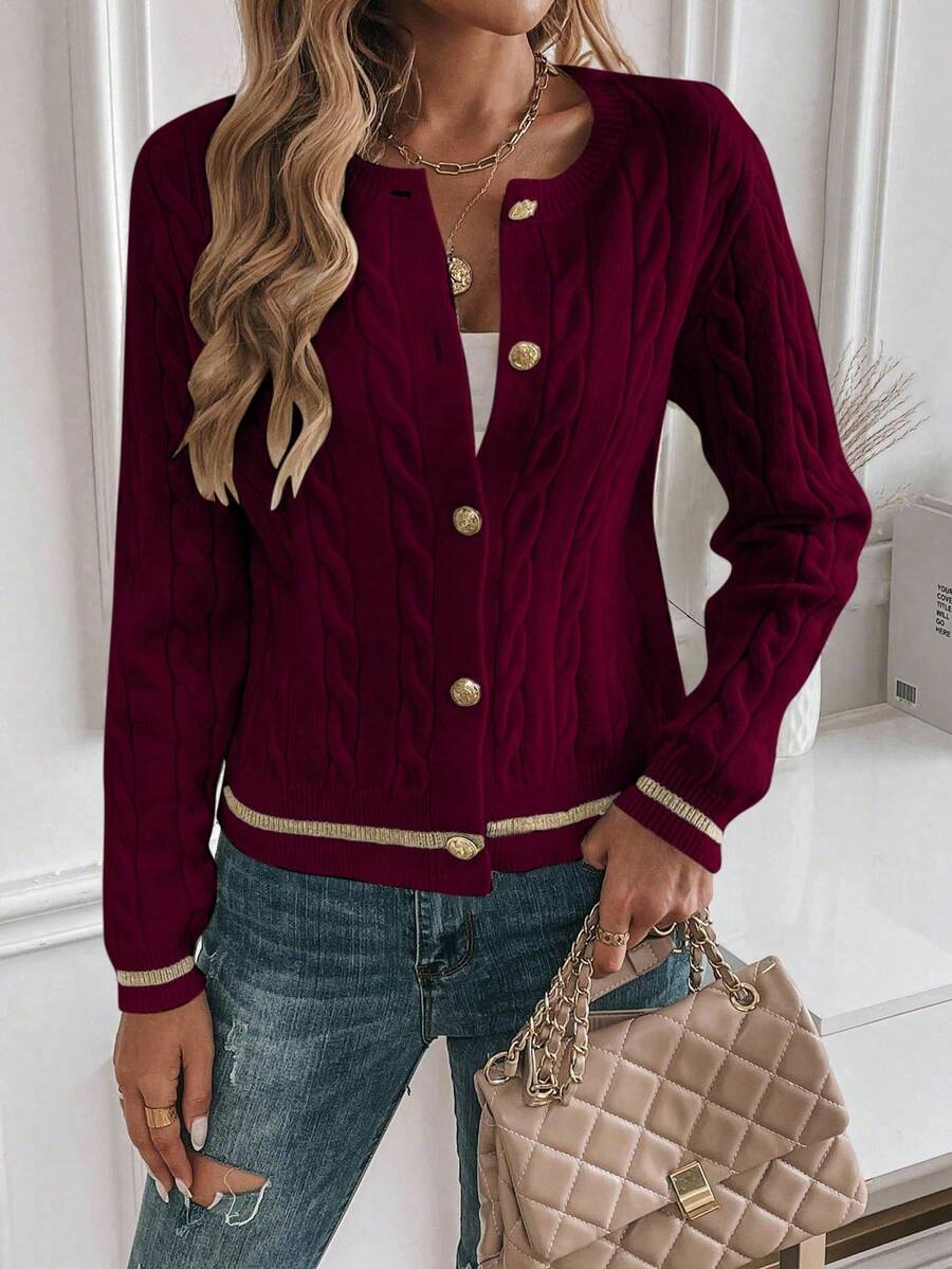 EMERY ROSE Cardigan feminino casual com acabamento contrastante e botões na frente, outono/inverno