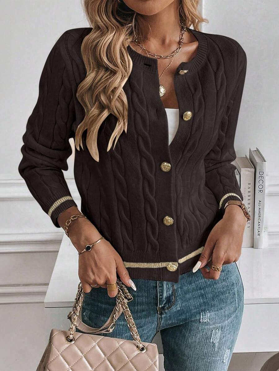 EMERY ROSE Cardigan feminino casual com acabamento contrastante e botões na frente, outono/inverno