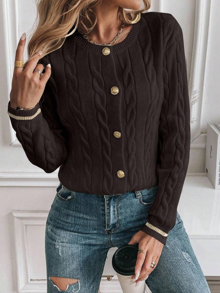 EMERY ROSE Cardigan feminino casual com acabamento contrastante e botões na frente, outono/inverno