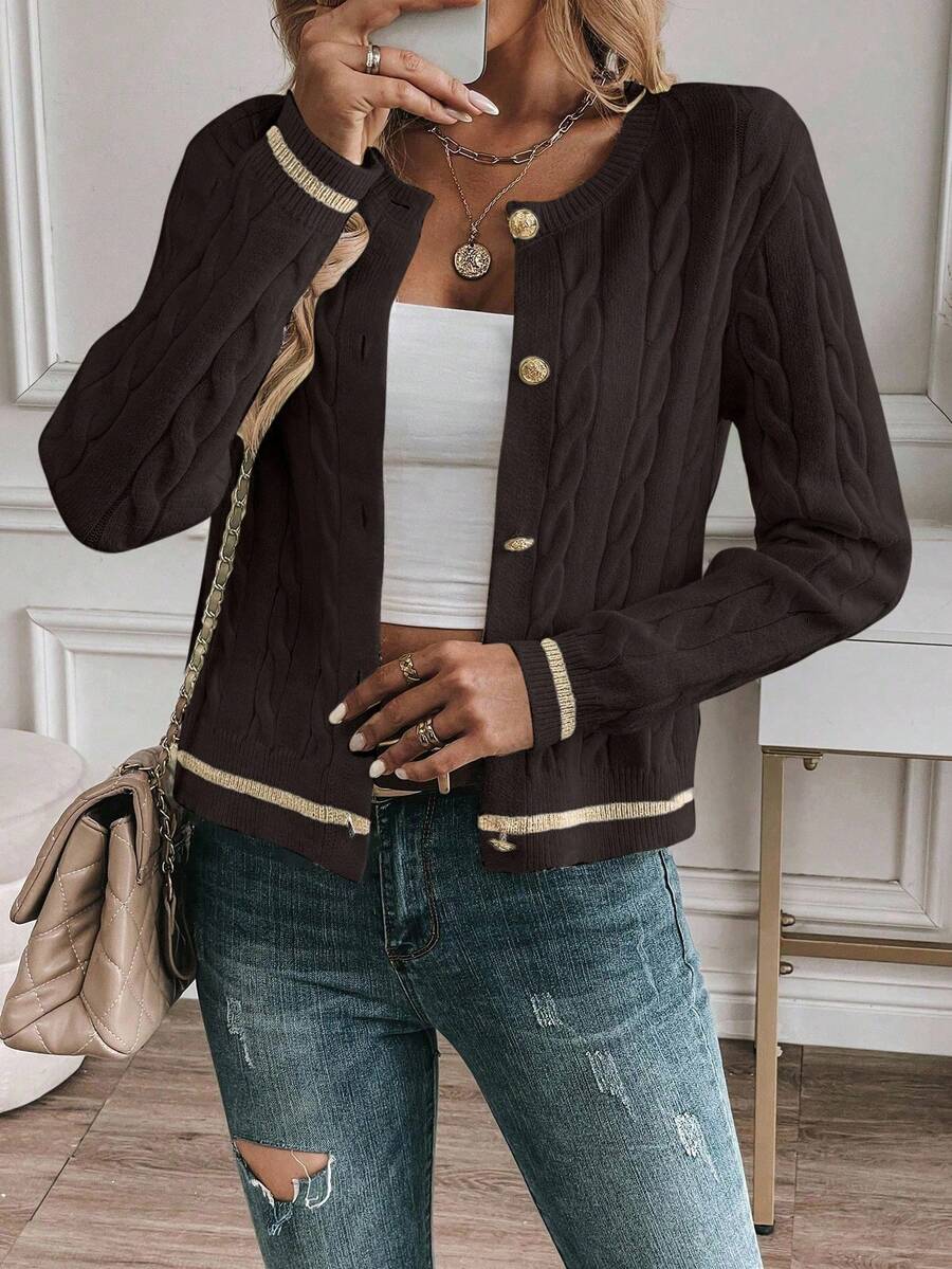 EMERY ROSE Cardigan feminino casual com acabamento contrastante e botões na frente, outono/inverno