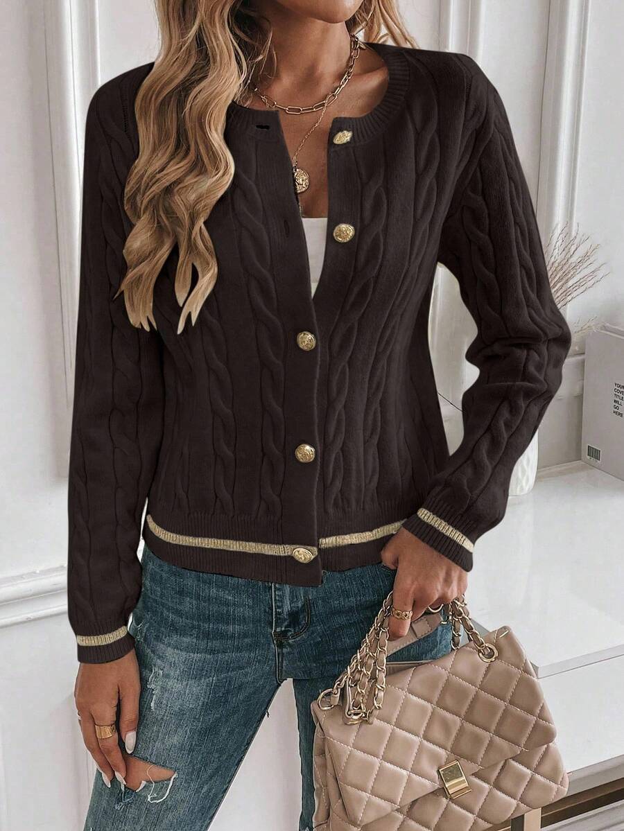 EMERY ROSE Cardigan feminino casual com acabamento contrastante e botões na frente, outono/inverno