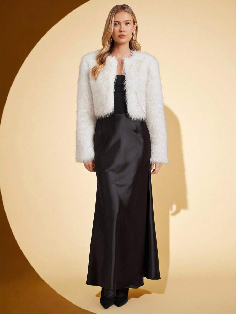 SHEIN Clasi Casaco feminino de cor sólida, manga comprida, frente aberta, curto e fofo, inverno