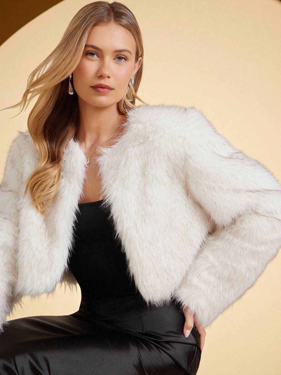 SHEIN Clasi Casaco feminino de cor sólida, manga comprida, frente aberta, curto e fofo, inverno