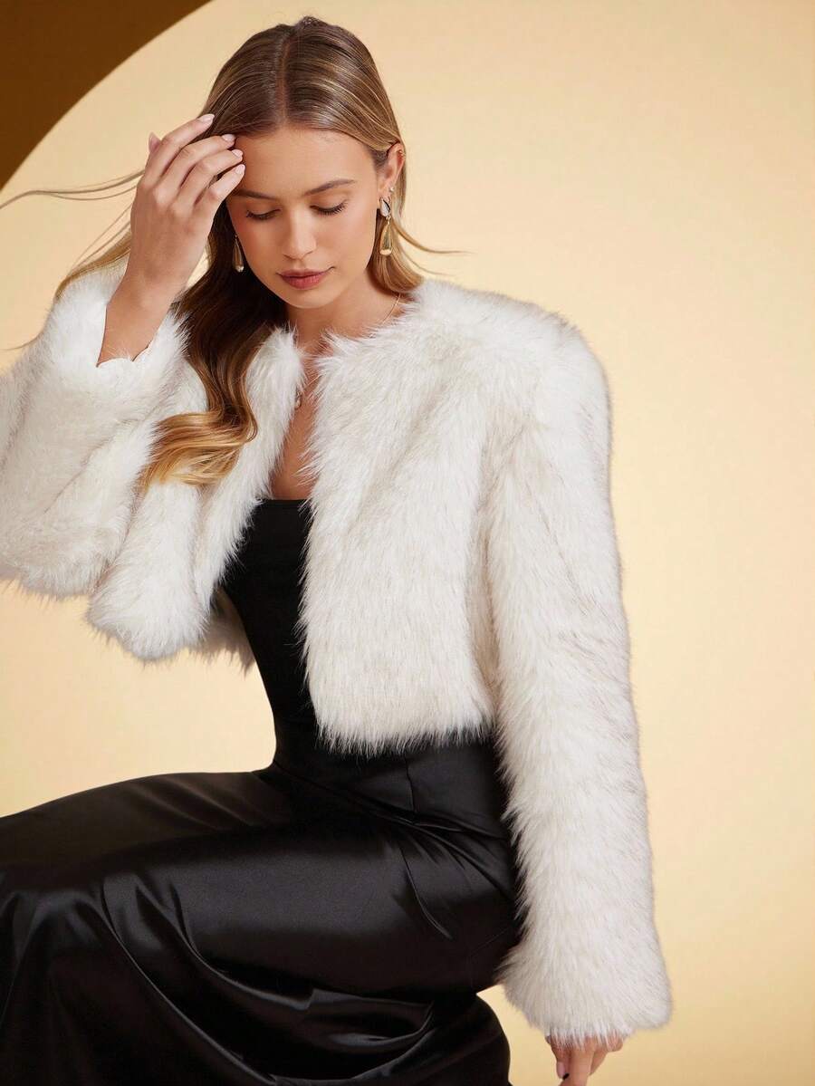 SHEIN Clasi Casaco feminino de cor sólida, manga comprida, frente aberta, curto e fofo, inverno