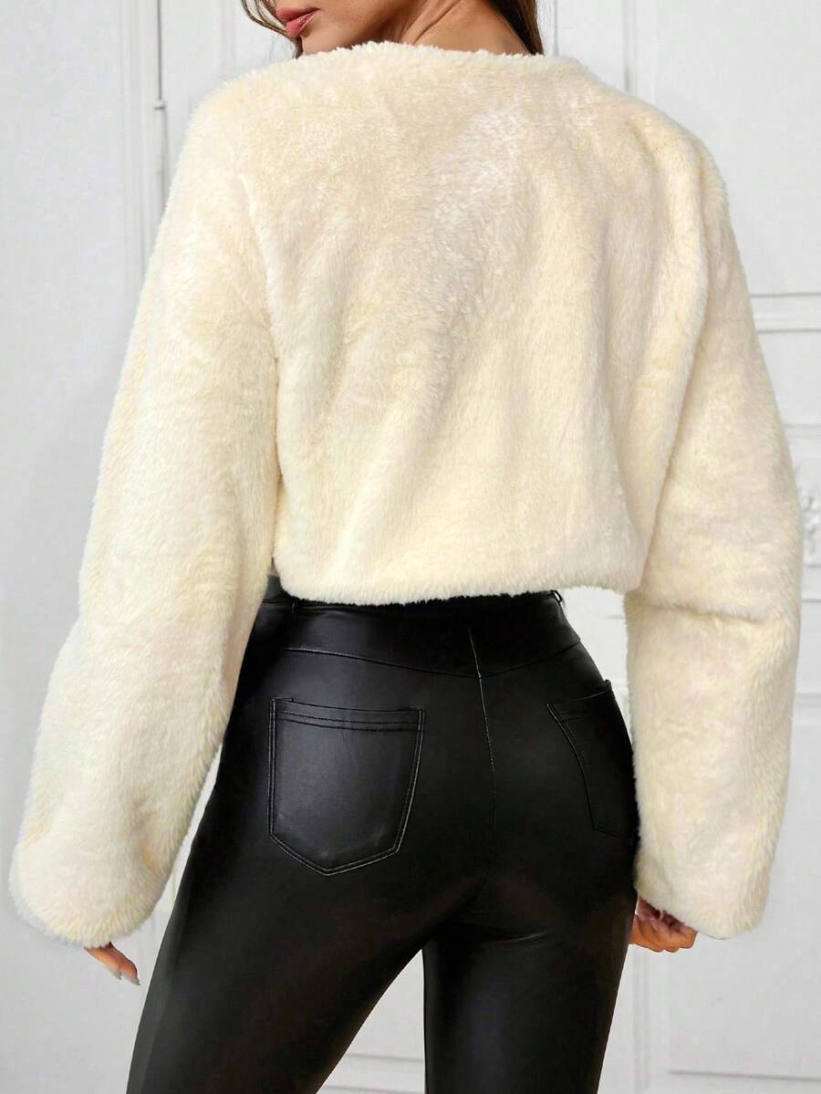 SHEIN Clasi Casaco feminino de cor sólida, manga comprida, frente aberta, curto e fofo, inverno