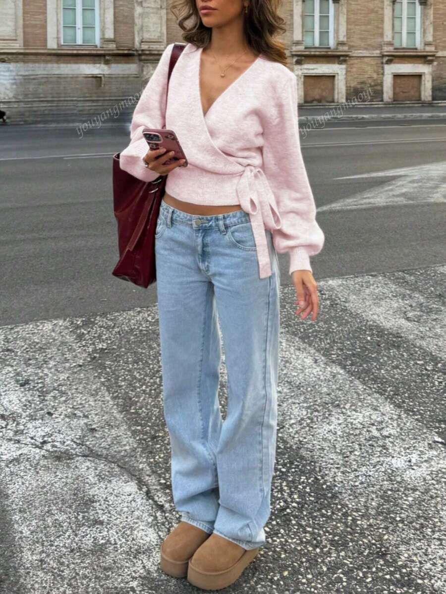 Suéter de malha com amarração, outono/inverno 2025, branco, essencial para mulheres em casa, para o trabalho, para encontros, para viagens, adequado para várias ocasiões, cinza claro