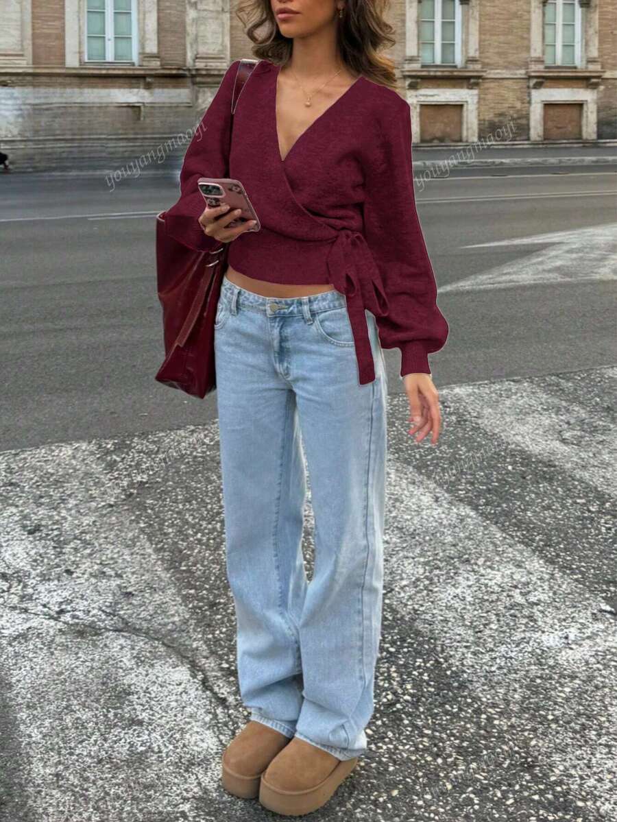 Suéter de malha com amarração, outono/inverno 2025, branco, essencial para mulheres em casa, para o trabalho, para encontros, para viagens, adequado para várias ocasiões, cinza claro