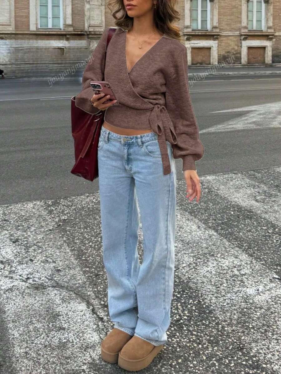 Suéter de malha com amarração, outono/inverno 2025, branco, essencial para mulheres em casa, para o trabalho, para encontros, para viagens, adequado para várias ocasiões, cinza claro