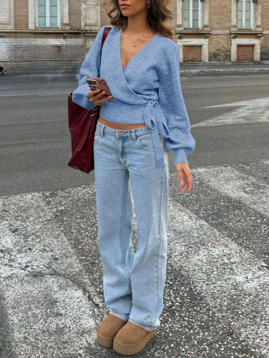 Suéter de malha com amarração, outono/inverno 2025, branco, essencial para mulheres em casa, para o trabalho, para encontros, para viagens, adequado para várias ocasiões, cinza claro