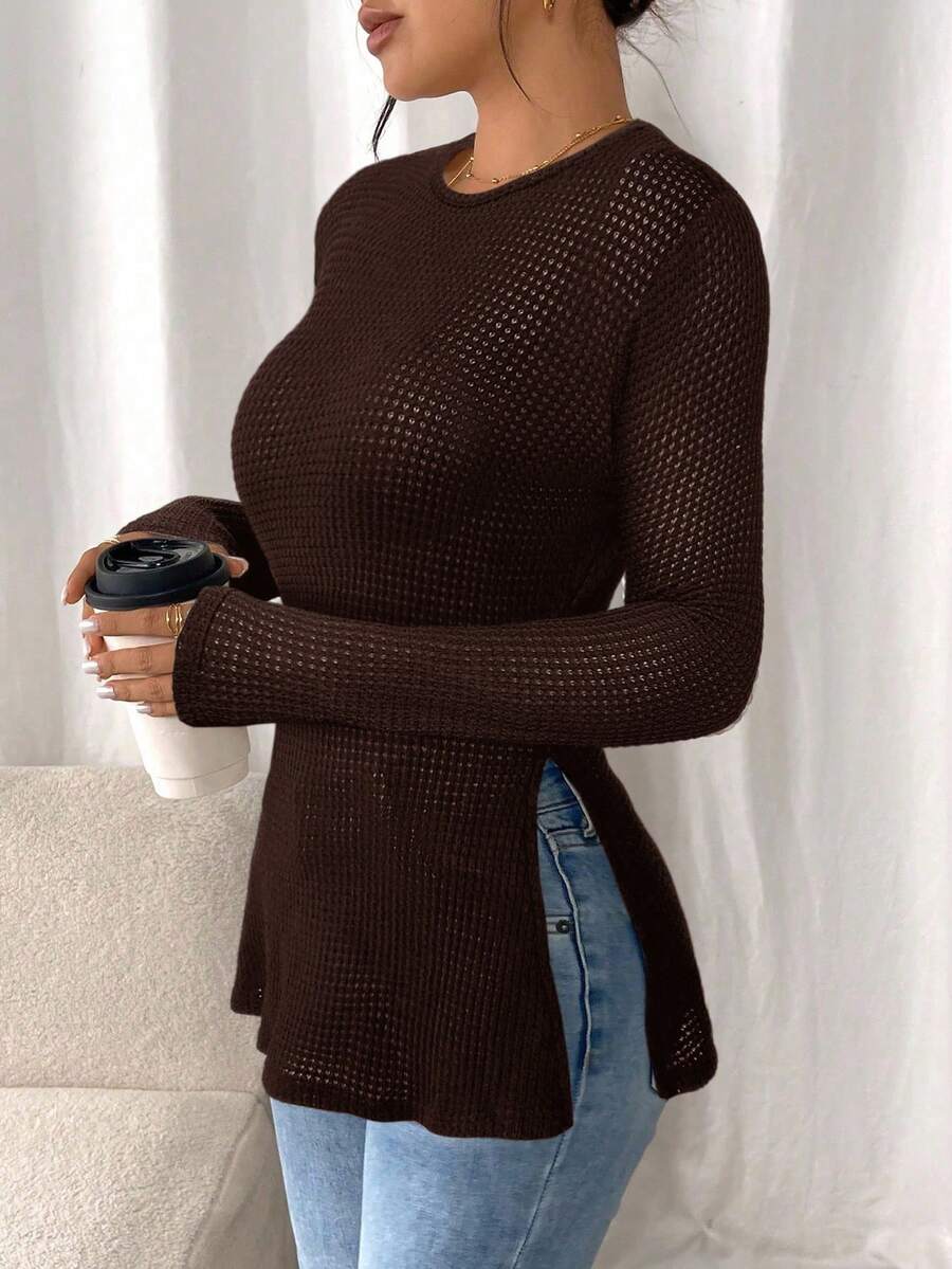 SHEIN Frenchy Women Casual Striped Long Sleeve T-Shirt With Slit Hem,Tight Turtleneck, Textured Fabric ,Commute,Minimalist,Office,Old Money,Simple,Autumn/Winter,
