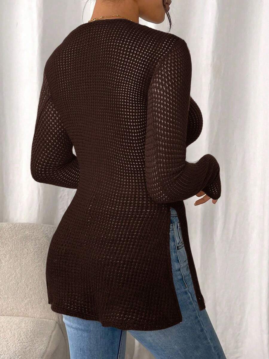 SHEIN Frenchy Women Casual Striped Long Sleeve T-Shirt With Slit Hem,Tight Turtleneck, Textured Fabric ,Commute,Minimalist,Office,Old Money,Simple,Autumn/Winter,